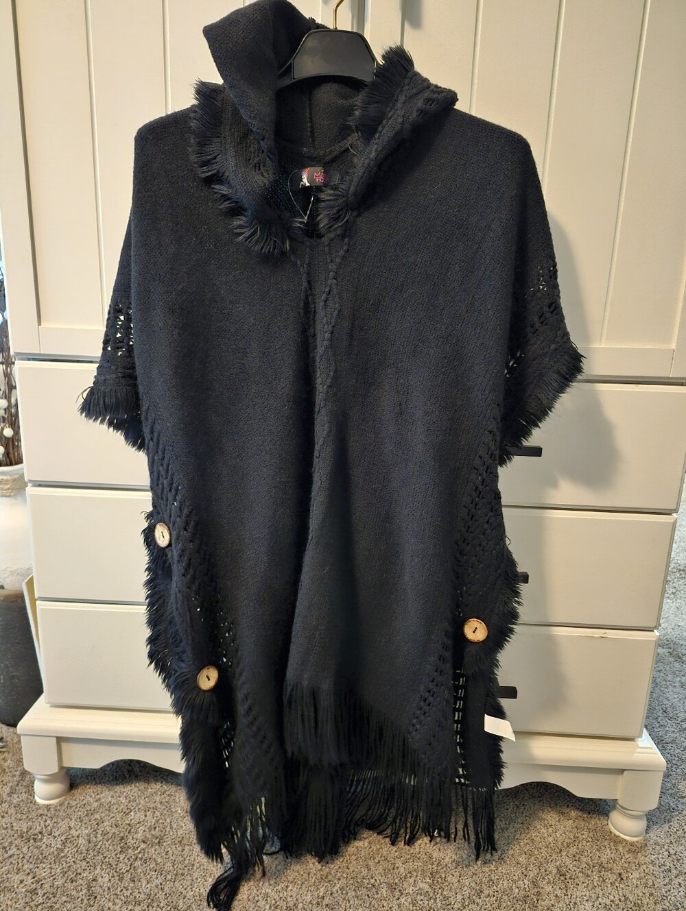 Women’s Black Fringe Hooded Poncho Coat - M